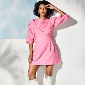 Happyxnature Kate Hudson Cara Eyelet Embroidered Mini Dress Pink Cotton S